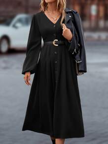 SHEIN LUNE Lantern Sleeve Fold Pleated Dress - Black - View 4