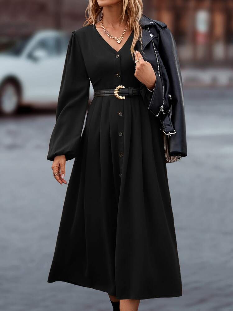 SHEIN LUNE Lantern Sleeve Fold Pleated Dress - Black - View 4