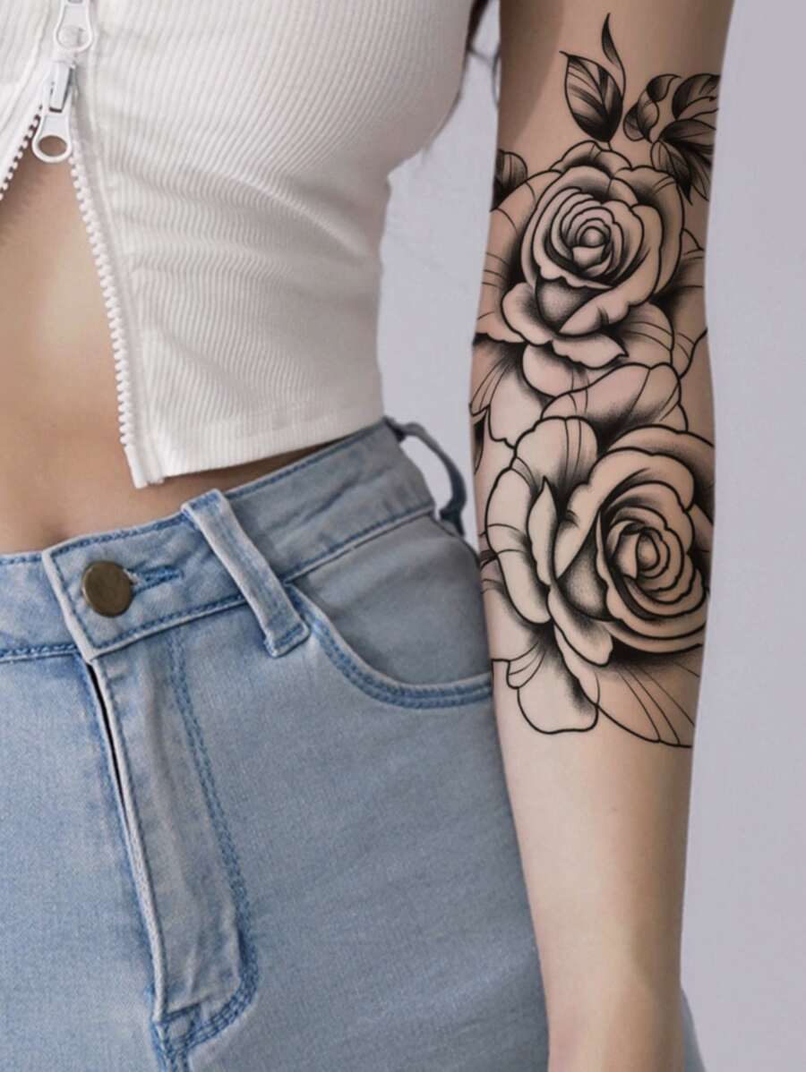 1 hoja pegatina tatuaje temporal con patrón floral - Negro - Ver 1