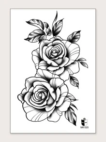 1 hoja pegatina tatuaje temporal con patrón floral - Negro - Ver 2