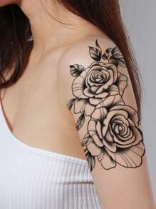 1 hoja pegatina tatuaje temporal con patrón floral - Negro - Ver 3