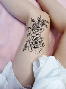 1 hoja pegatina tatuaje temporal con patrón floral - Negro - Ver 4