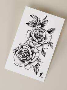 1 hoja pegatina tatuaje temporal con patrón floral - Negro - Ver 5