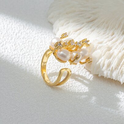 Rhinestone & Faux Pearl Decor Cuff Ring