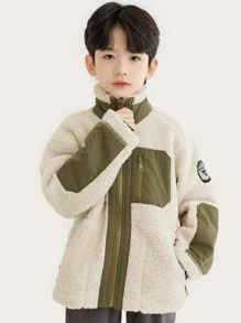 Boys Drop Shoulder Patch Detail Teddy Coat - Beige - View 5
