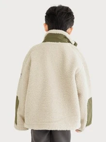 Boys Drop Shoulder Patch Detail Teddy Coat - Beige - View 2