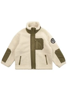 Boys Drop Shoulder Patch Detail Teddy Coat - Beige - View 3
