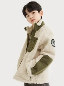 Boys Drop Shoulder Patch Detail Teddy Coat - Beige - View 6