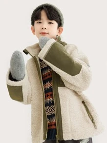 Boys Drop Shoulder Patch Detail Teddy Coat - Beige - View 4
