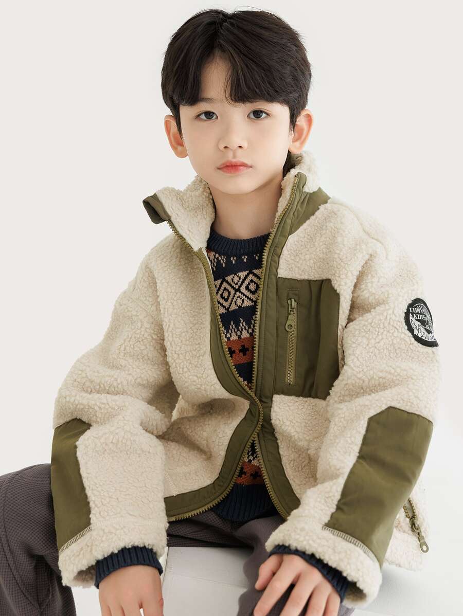 Boys Drop Shoulder Patch Detail Teddy Coat - Beige - View 1