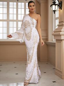 LOVE&LEMONADE One Shoulder Flounce Sleeve Sequin Formal Dress - White - View 3