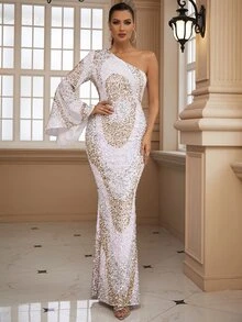 LOVE&LEMONADE One Shoulder Flounce Sleeve Sequin Formal Dress - White - View 5