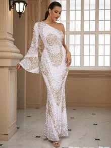 LOVE&LEMONADE One Shoulder Flounce Sleeve Sequin Formal Dress - White - View 6