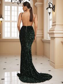 LOVE&LEMONADE Split Thigh Sequins Cami Dress - Dark Green - View 2