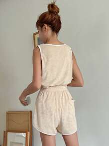 DAZY Floral Embroidery Contrast Binding Lounge Set - Khaki - View 2