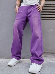 Manfinity Hypemode Loose Fit Men's Straight Leg Jeans With Slant Pockets - Purple - View 3
