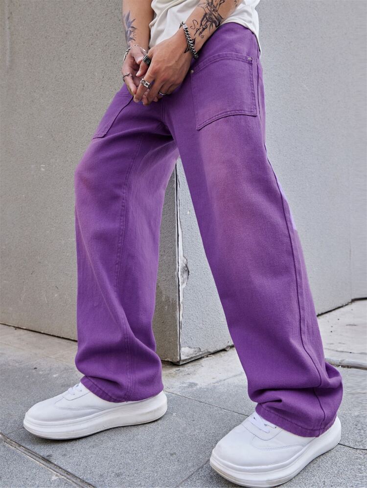 Manfinity Hypemode Jeans De Pierna Recta Para Hombres Con Ajuste Holgado Y Bolsillos En Diagonal - Morado - Añade 4