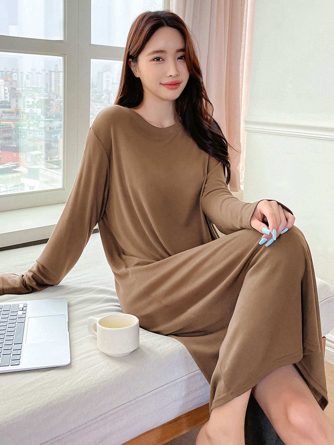DAZY Drop Shoulder Lounge Dress - Brown - View 1
