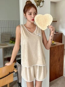 DAZY Floral Embroidery Contrast Binding Lounge Set - Khaki - View 4