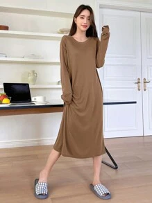 DAZY Drop Shoulder Lounge Dress - Brown - View 4