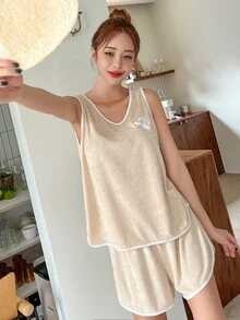 DAZY Floral Embroidery Contrast Binding Lounge Set - Khaki - View 8