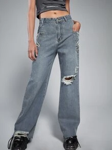 ROMWE Grunge Punk Ripped Raw Hem Flare Leg Jeans - Medium Wash - View 3