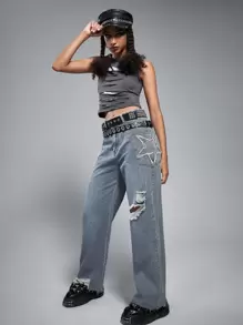 ROMWE Grunge Punk Ripped Raw Hem Flare Leg Jeans - Medium Wash - View 4