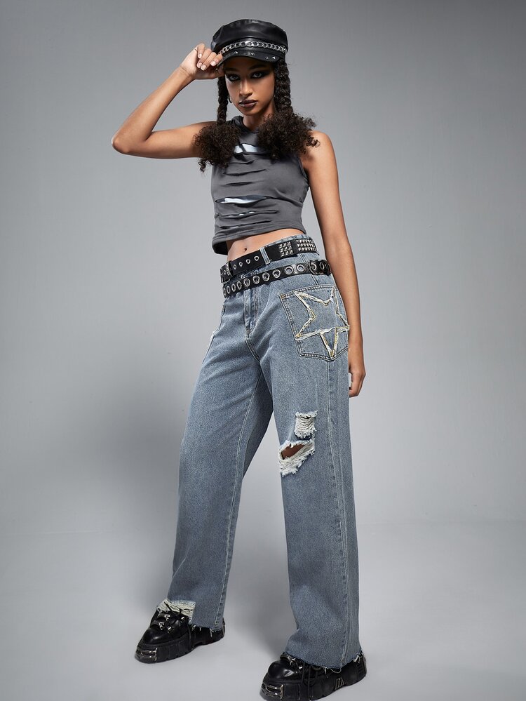 ROMWE Grunge Punk Jeans de pierna amplia desgarro bajo crudo - Azul lavado medio - Añade 4