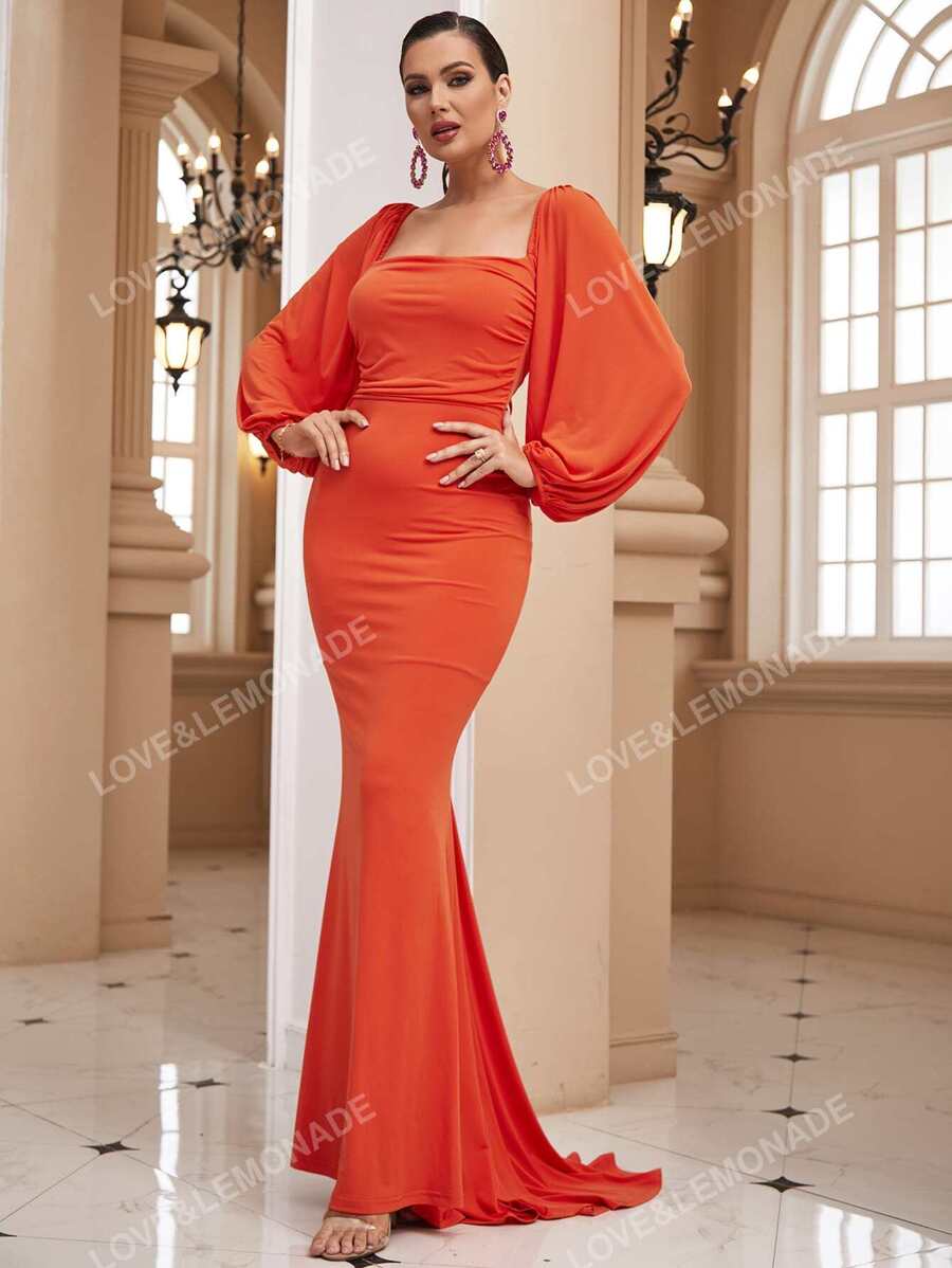 LOVE&LEMONADE Square Neck Lantern Sleeve Tie Backless Mermaid Hem Formal Dress