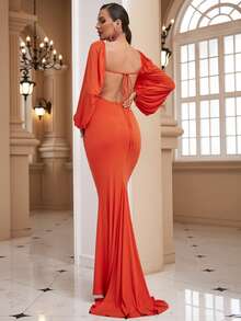 LOVE&LEMONADE Square Neck Lantern Sleeve Tie Backless Mermaid Hem Formal Dress - Orange - View 2