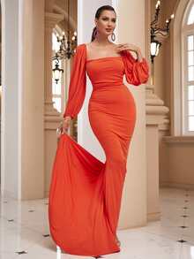 LOVE&LEMONADE Square Neck Lantern Sleeve Tie Backless Mermaid Hem Formal Dress - Orange - View 3
