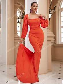 LOVE&LEMONADE Square Neck Lantern Sleeve Tie Backless Mermaid Hem Formal Dress
