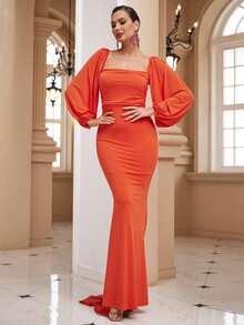 LOVE&LEMONADE Square Neck Lantern Sleeve Tie Backless Mermaid Hem Formal Dress - Orange - View 4