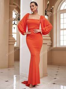 LOVE&LEMONADE Square Neck Lantern Sleeve Tie Backless Mermaid Hem Formal Dress