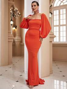 LOVE&LEMONADE Square Neck Lantern Sleeve Tie Backless Mermaid Hem Formal Dress - Orange - View 5