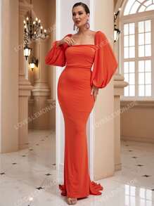 LOVE&LEMONADE Square Neck Lantern Sleeve Tie Backless Mermaid Hem Formal Dress
