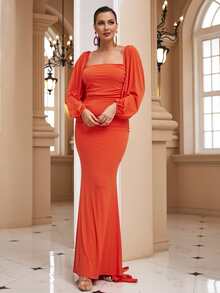 LOVE&LEMONADE Square Neck Lantern Sleeve Tie Backless Mermaid Hem Formal Dress - Orange - View 6