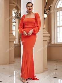 LOVE&LEMONADE Square Neck Lantern Sleeve Tie Backless Mermaid Hem Formal Dress