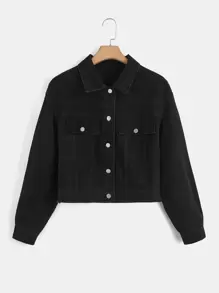 CovetEZ 大碼落肩袖牛仔夾克 - 黑色 - 查看 1