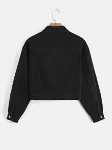 CovetEZ 大碼落肩袖牛仔夾克 - 黑色 - 查看 2