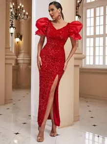 LOVE&LEMONADE Puff Sleeve Split Thigh Sequin Formal Dress - Red - View 1
