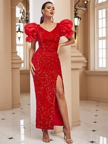 LOVE&LEMONADE Puff Sleeve Split Thigh Sequin Formal Dress - Red - View 5