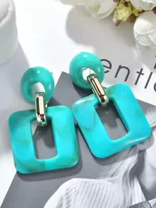 Square Decor Drop Earrings - Teal Blue - View 2