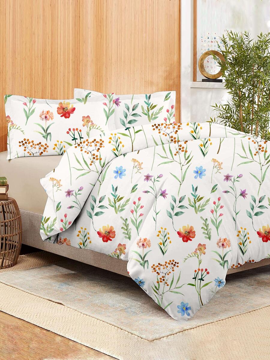 Flower & Leaf Print Duvet Cover Set Without Filler - Multicolor - View 1