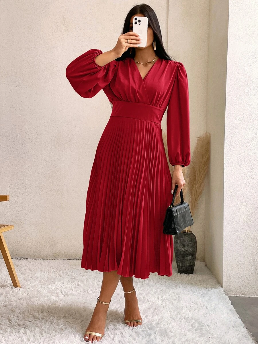 Aveloria Lantern Sleeve Pleated Hem Dress - Red - View 1
