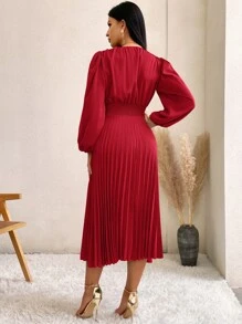 Aveloria Lantern Sleeve Pleated Hem Dress - Red - View 2