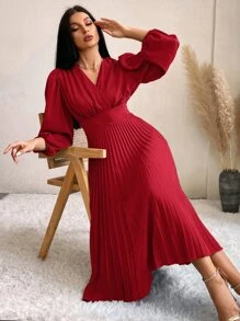 Aveloria Lantern Sleeve Pleated Hem Dress - Red - View 3