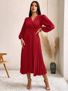 Aveloria Lantern Sleeve Pleated Hem Dress - Red - View 5