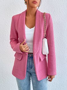 SHEIN Privé 青果領開門襟粗花呢西裝外套 - 粉色 - 查看 1