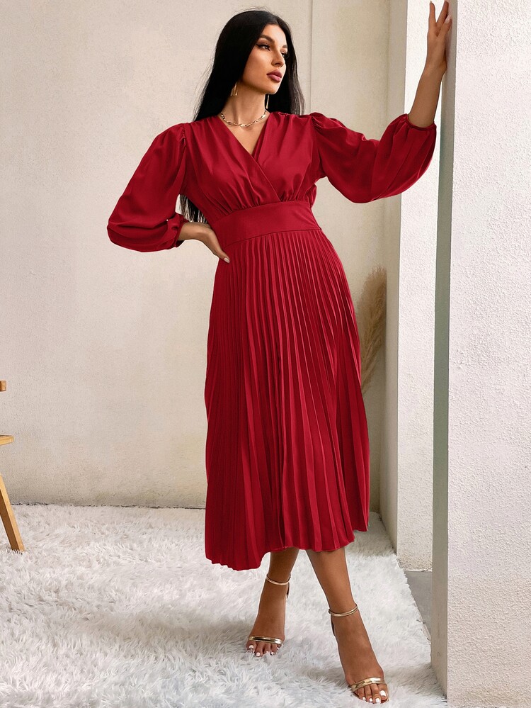 Aveloria Lantern Sleeve Pleated Hem Dress - Red - View 6